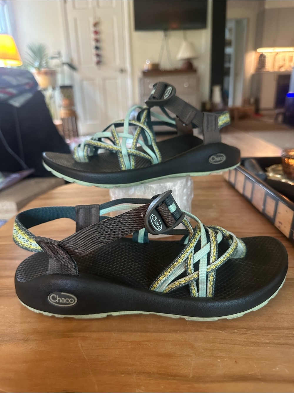 Chaco Women's Sport Sandals in Black, Mint & Yellow. Size 9